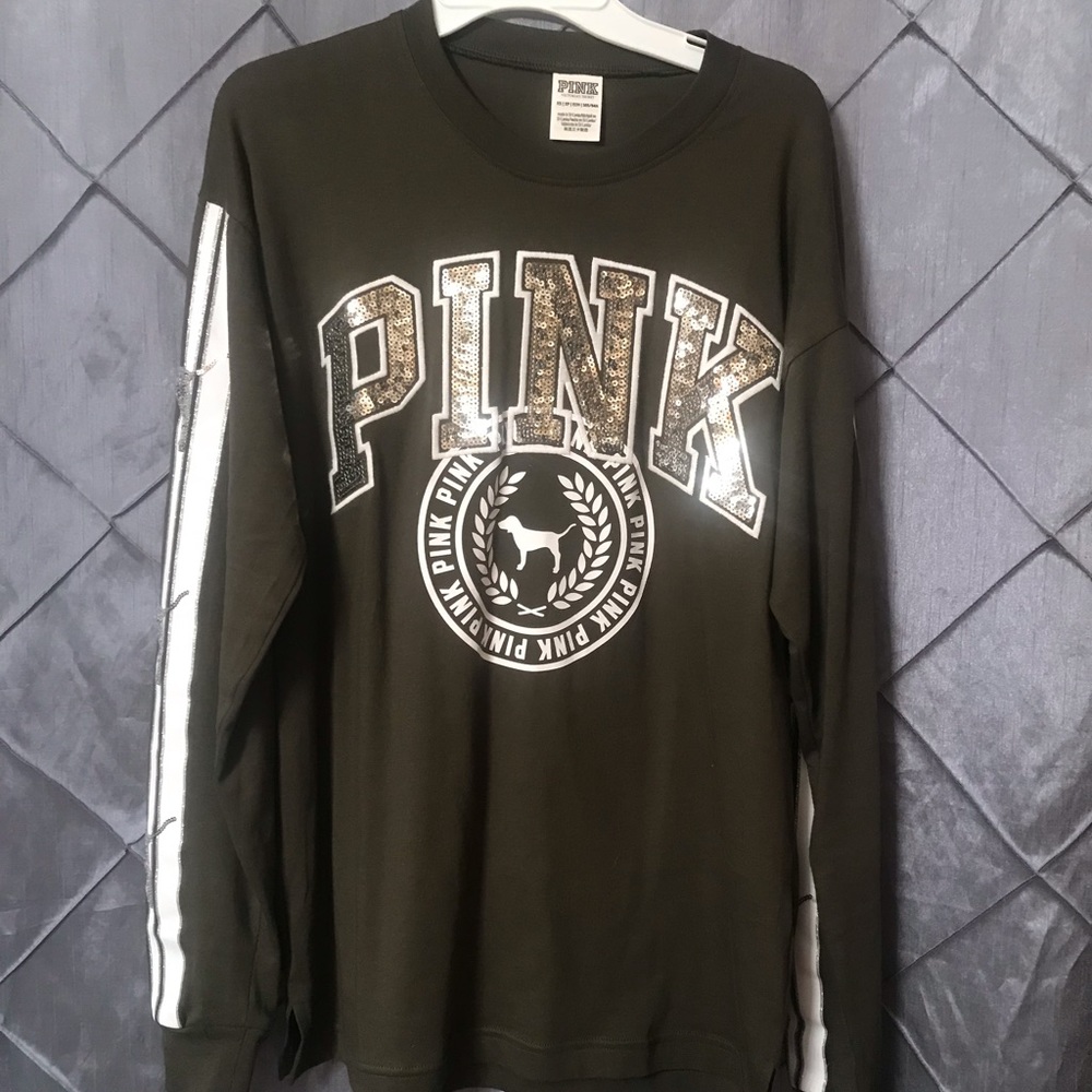 PINK olive green bling sequin campus dog shirt